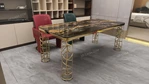Branching Gold Leg Dining Table with Dark Gold-Veined Marble Top
